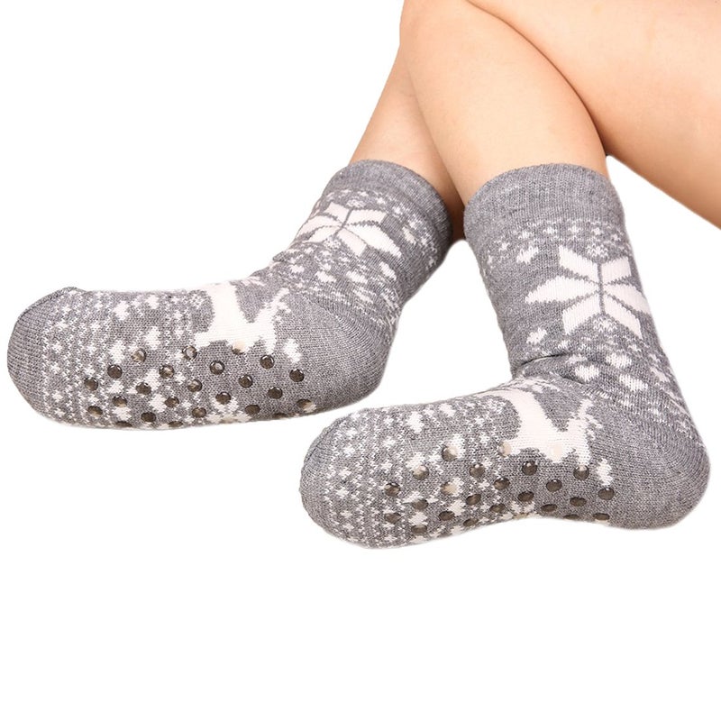 FRALOSHA Fuzzy Warm Slipper Socks Women Winter floor Socks Super Soft lined with Grippers reading Socks Cozy Sleeping Reindeer Sock (Grey) - Image 3